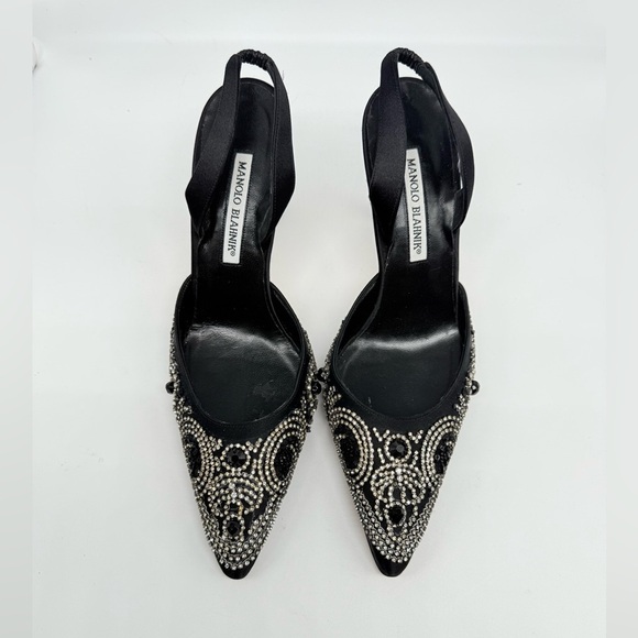 Manolo Blahnik Vintage Black Satin Jeweled Crystal Carolyne Slingback pumps EU38 - Picture 2 of 10